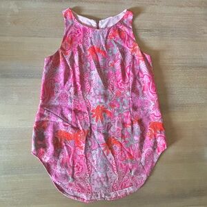 Cabi High Neck Jubilee Sleeveless Curve Hem Blouse, Pink Red Paisley, Size XS